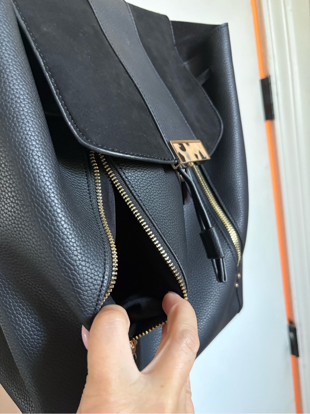 Topshop Black Pebbled Leather & Suede Flap Backpack with Gold Hardware - Picture 6 of 11